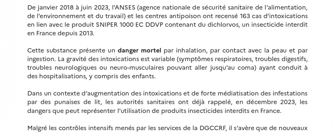 Cafards, punaises de lits - intoxications suite à l'utilisation de l'insecticide